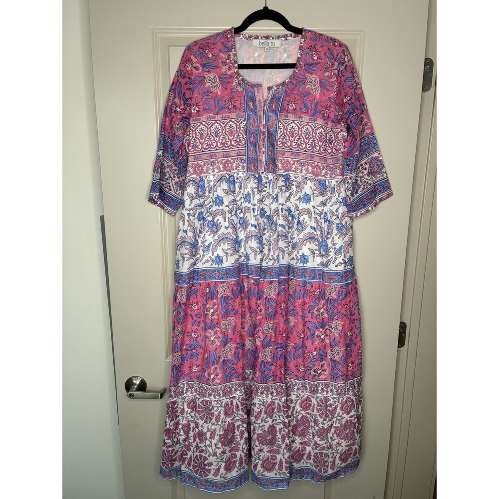 Bella Tu Pink & Blue Floral Printed Tiered Midi Dress Short Sleeves Size Medium